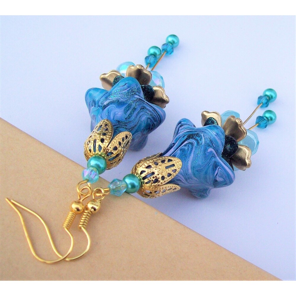 Boho Flower Earrings Dangle, Blue, Gold, Hand Painted, Artisan Crafted, Floral J